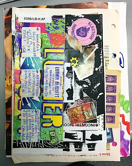 Mail art packet that is heavily collaged and once served as an envelope. Multiple artists are listed as participants including Luther Blissett in Italy.