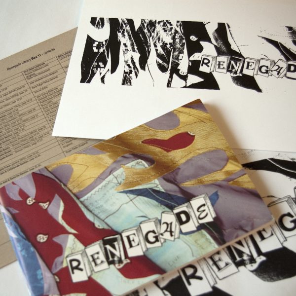 Materials from the interior of Renegade Library Box #13 including an exhibition catalogue with brightly coloured fabric pieces cut in flame or fire shapes. The other items have the same graphic in black and white.