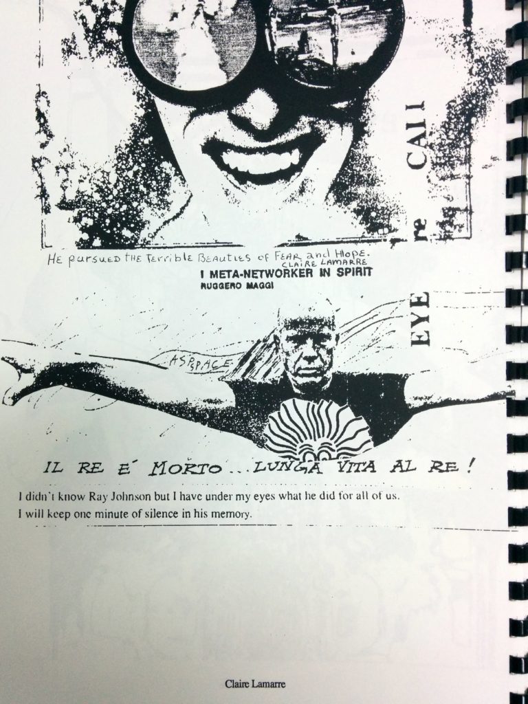 Fax art featuring collaged black and white images of Ray Johnson with memorial messages including, in hand-writing, "He pursued the terrible beauties of fear and hope. Claire Lemarre"