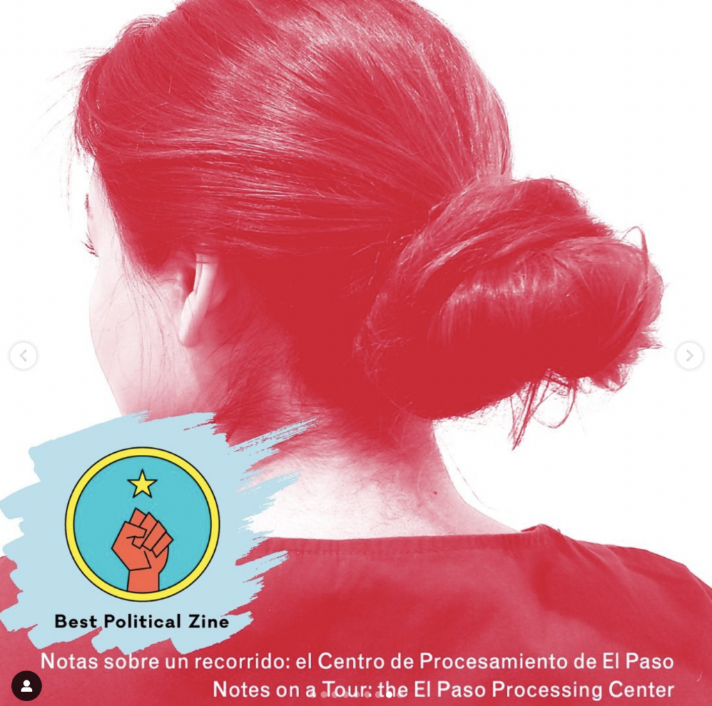 Cover: Notas sobre un recorrido/Notes on a Tour (a view from behind of a woman's head and neck with dark hair in loose bun; red ink on white); sticker in bottom left indicating that this title is a winner of the 2022 BP Award in Political Zine category