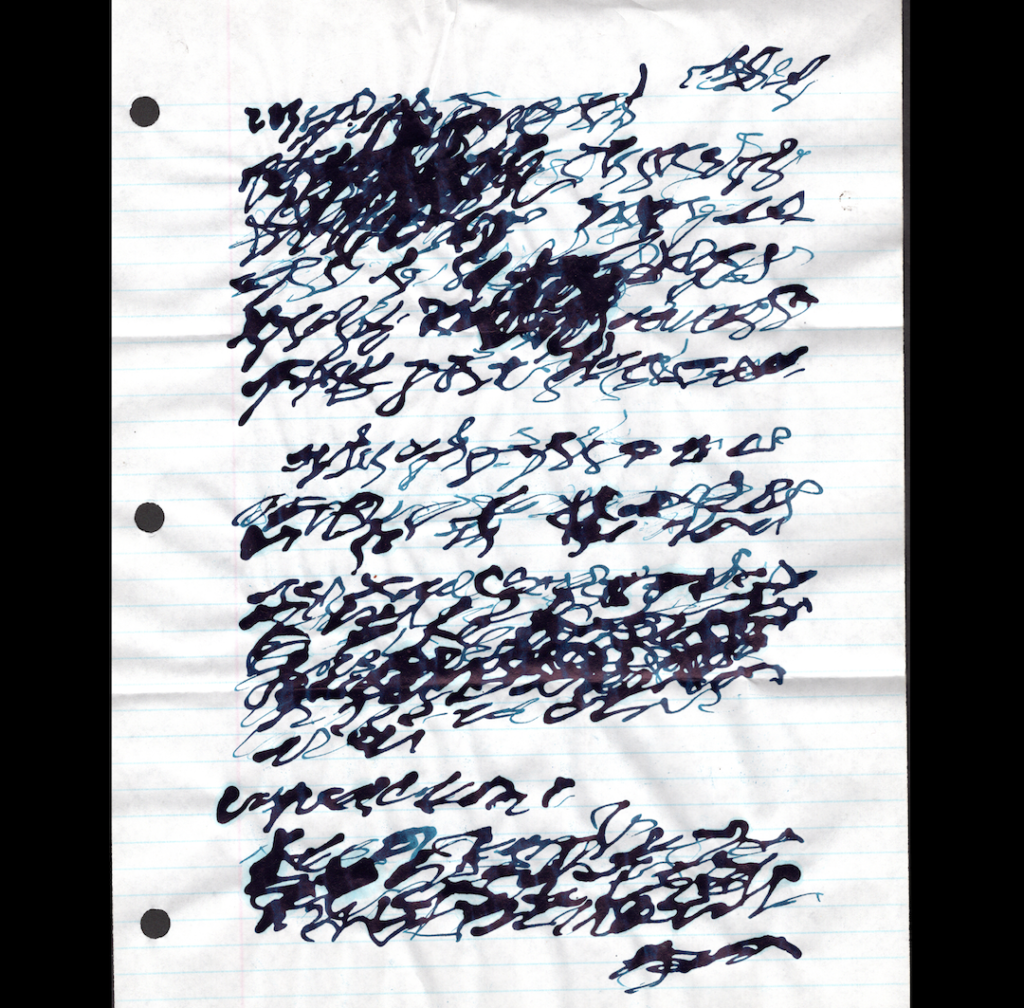 A sheet of writing paper is seen with ink script that is illegible. It has been folded and it is 3-hole hunched on left side.