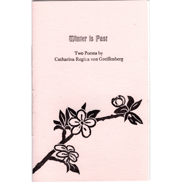 Book cover with letterpress title and author's name. Lino cut print of blossoms on a branch printed over the textures pink paper in black ink.