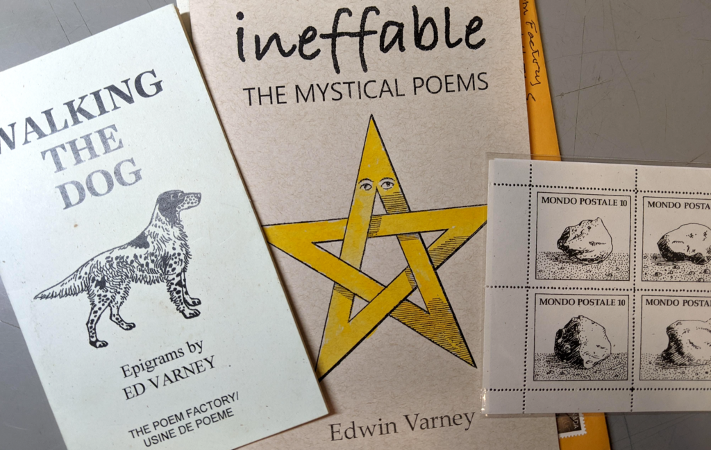 Two book chapbooks and a sheet of 4 artist-stamps. Books: "Walking the Dog" with line drawing of Setter pointing nose to right; Ineffable Mystical Poems: with 5 pointed star coloured yellow with eyes on the top point; stamps - with line drawing of stone with "Mondo Postal 10" as title.