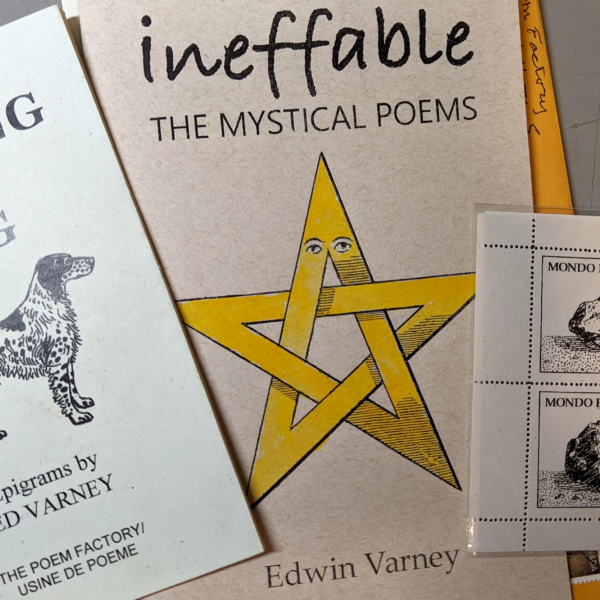 Two book chapbooks and a sheet of 4 artist-stamps. Books: "Walking the Dog" with line drawing of Setter pointing nose to right; Ineffable Mystical Poems: with 5 pointed star coloured yellow with eyes on the top point; stamps - with line drawing of stone with "Mondo Postal 10" as title.