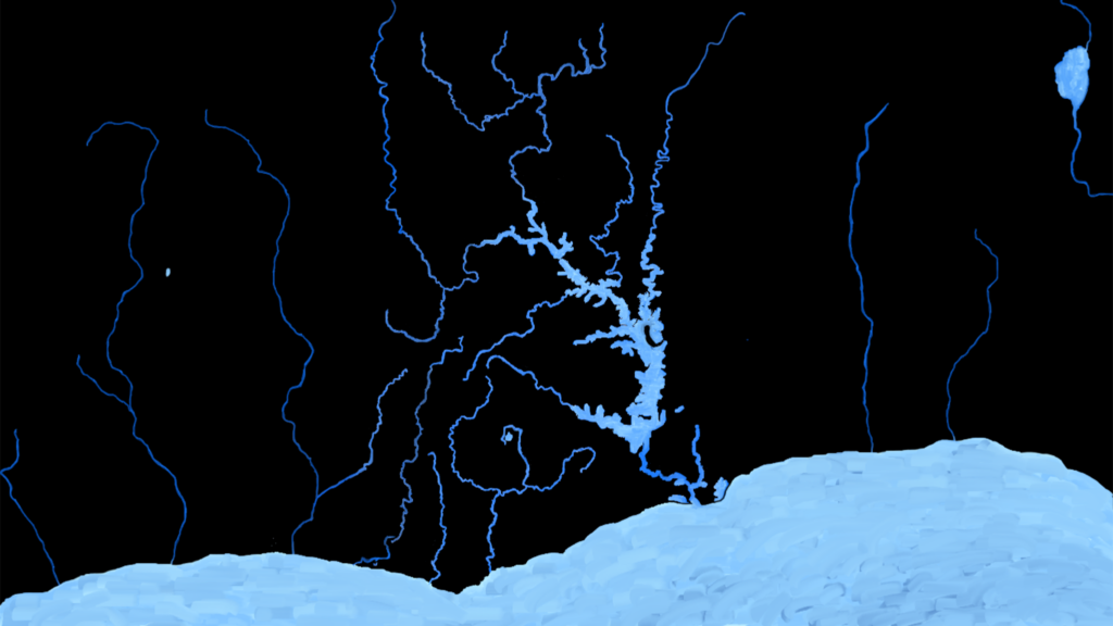 A stylized map of Ghana's waterways. The country appears in black and the waterways are shown in pale blue.