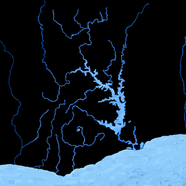 A stylized map of Ghana's waterways. The country appears in black and the waterways are shown in pale blue.