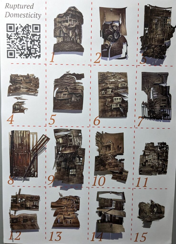 A small poster from "Ruptured Domesticity" project by Sana Murrani and project participants. Picturing a grid formation, the poster features 15 illustrations of houses of refuge in Iraq made into folded models in brown tones.