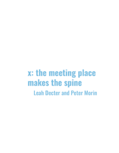 The cover of x: the meeting place makes the spine by Peter Morin and Leah Decter is white with the title and artists' names in pale blue ink on a white background.