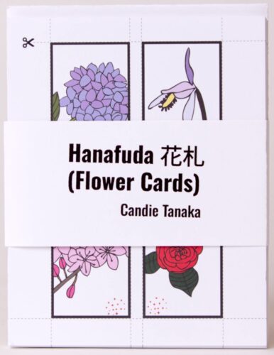 Cover of Hanafuda (Flower Cards) has a white band with the title in bold black lettering over top a set of colourful cards with flower illustrations.