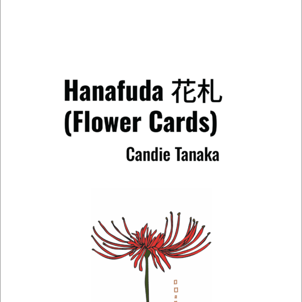 Book cover Hanfuda (Flower Cards) Candie Tanaka. Red flower illustration on bottom of page.