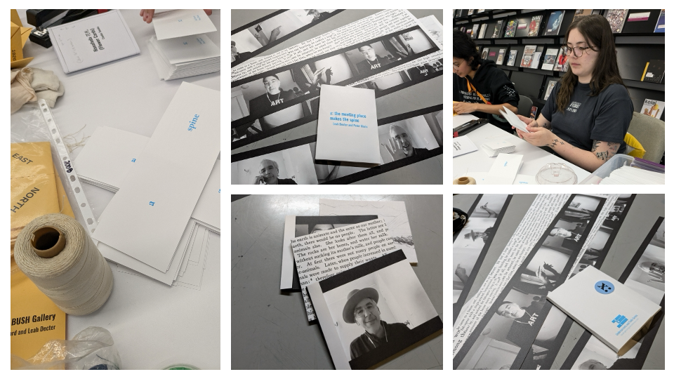 Gallery of five images that show the construction of the book x: the meeting place makes the spine by Leah Decter and Peter Morin. Long unfolded pages from the accordion book are seen on a table with the book's folded envelope over top.