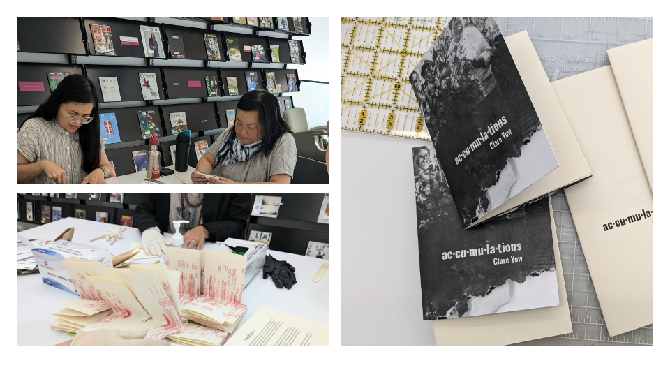 Gallery view of three images that show the construction of the book ac·cu·mu·la·tions by Clare Yow. In one two women are folding pages at a table in a library. In the others folded pages are seen on a table. 