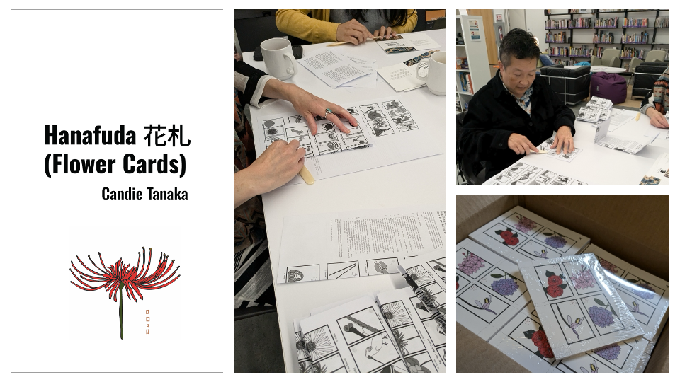 Gallery of four images that show the construction of the book Hanafuda (Flower Cards) by Candie Tanaka. Images from the cards, cover page, and instruction sheet are being folded and prepared for assembly. In the top right photo Candie Tanaka is seen folding the instruction sheet with a bone folder at the Emily Carr University Library.